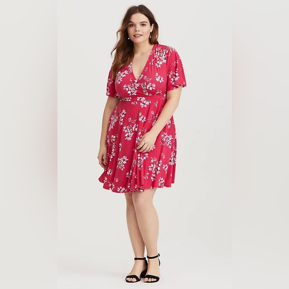 Torrid pink floral MINI STUDIO KNIT FAUX WRAP DRESS size 2